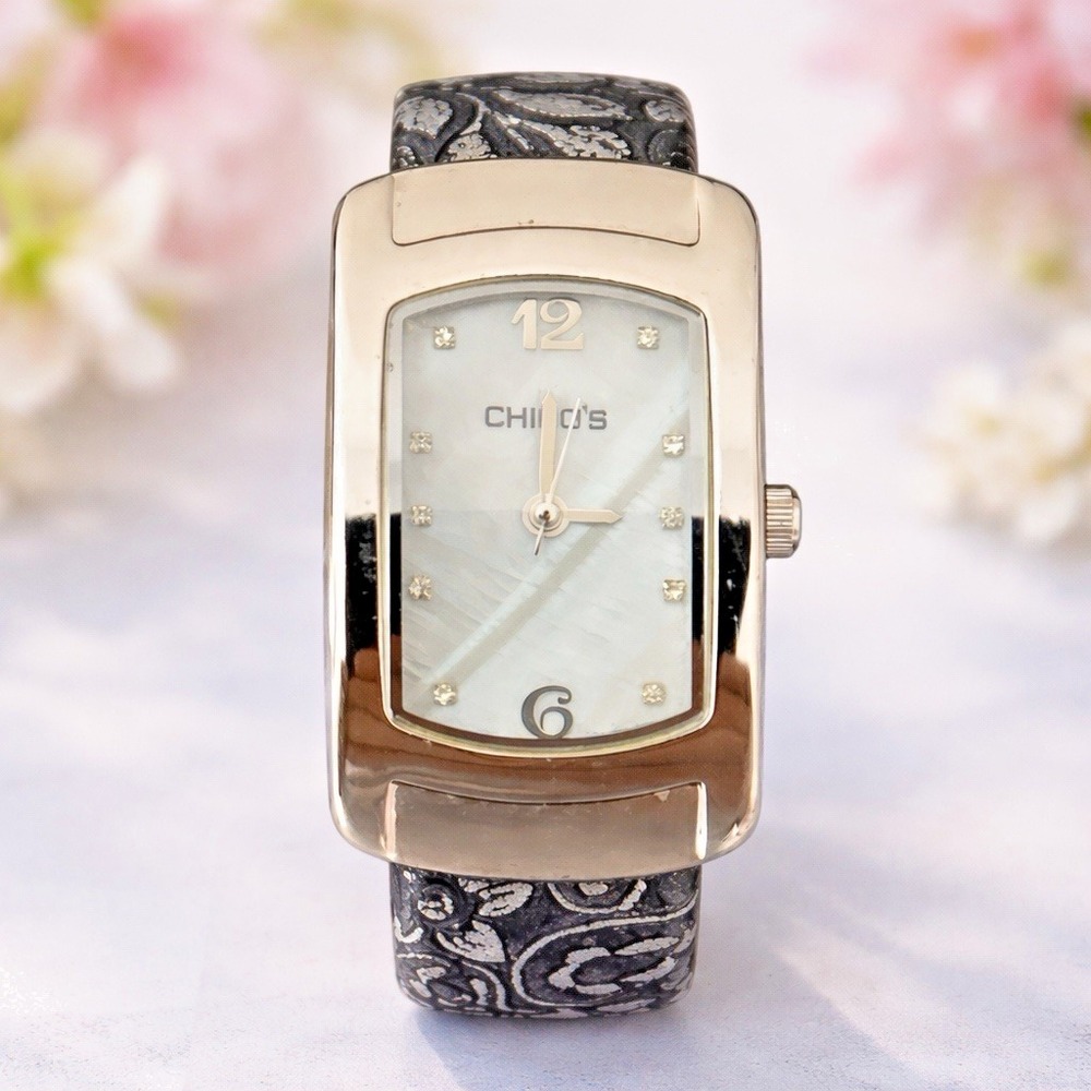 Chico's Women's Rectangular Quartz Watch MOP Dial Floral Cuff NOT‎ TESTED
